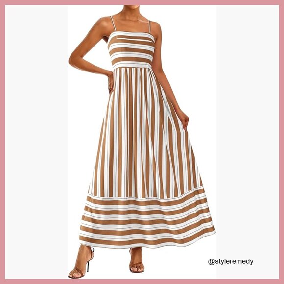 Spaghetti Strap Maxi Dress, Viscose, Boho Floral Striped Wedding Guest